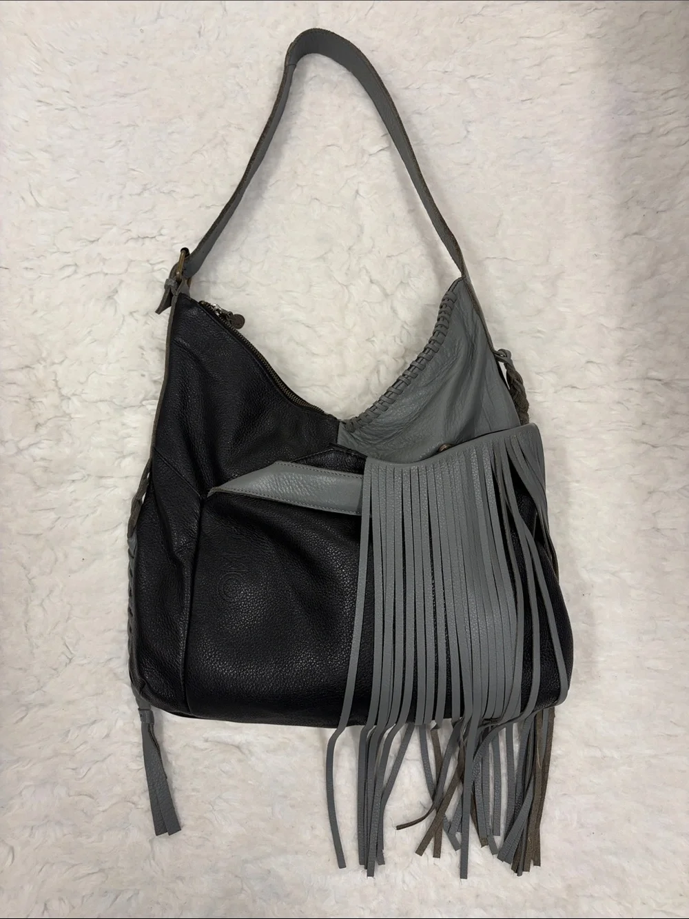 Camila Alves Muxo Black & Gray Fringe Leather Hobo Bag